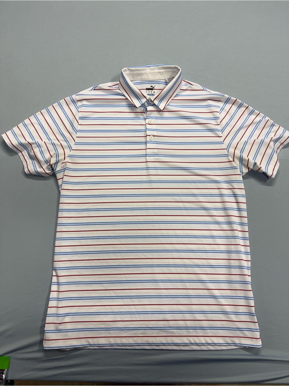 Puma White Polo with Red and Blue Stripes golf